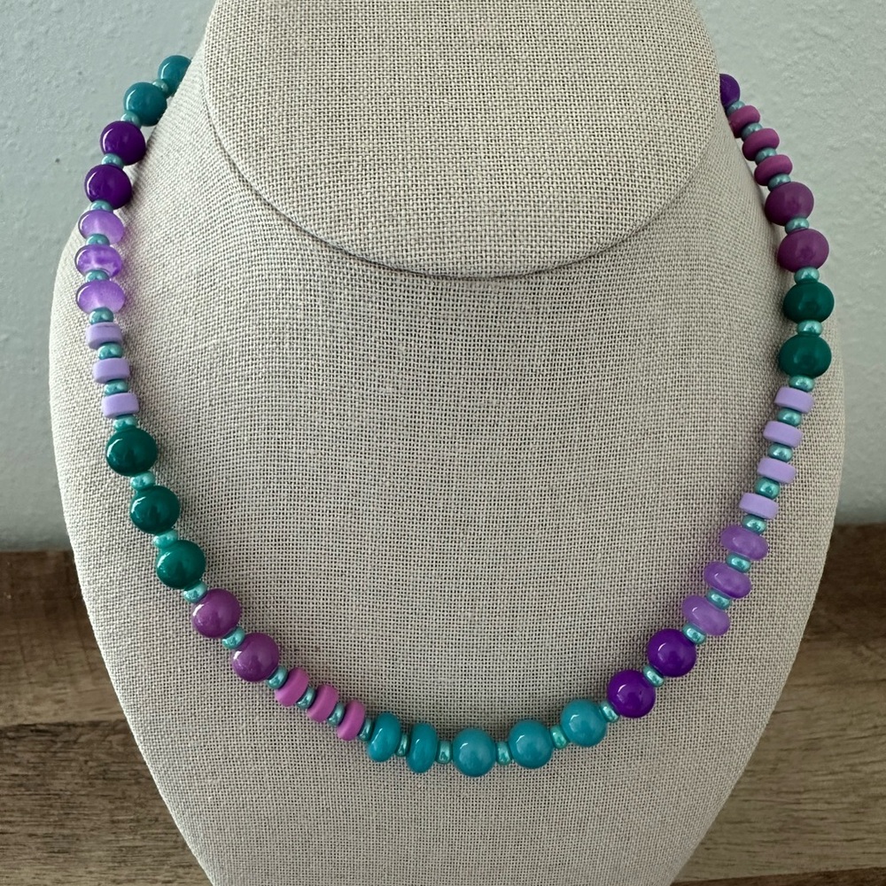 Purple and Green Teal Handmade Beaded Necklace 17” new
